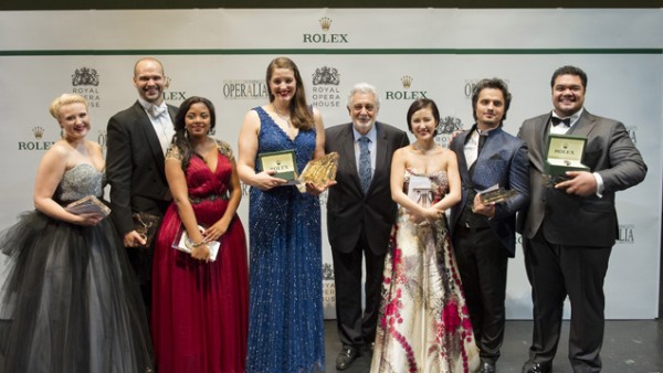 Placido Domingo surrounded by his winner of the 2015 competition. left of mr 
. Domingo the Norwegian winner of the female 1st. Prize Lise Davidsen 
. Photo Alaister Muir
