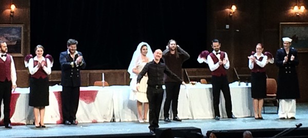 Alessandro De Marcchi, surrounded by Kresimit Spicer and Christine Rice, left, and David Hansen, right, and angels and sailors in Ulysses in Oslo, applaus, foot Henning Høholt,