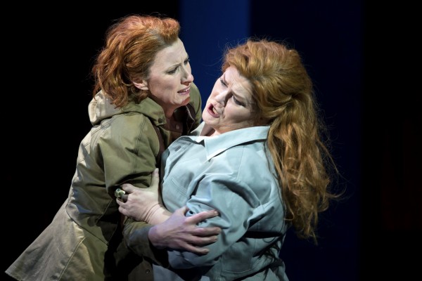 A dramatic photo with Marika Schöneberg and Christiane Lieber (right) as Gutrune  and Brünnhilde in Götterdämmerung  at Leipzig Opera May 8th. 2016. Foto Tom Schulze.